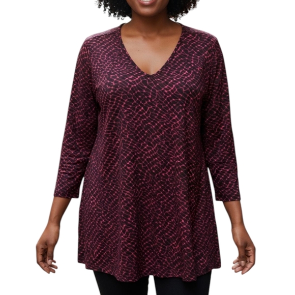 Ulla Popken Pink and Black Patterned Flowy Scoop Neck Tunic Knit Top Sz 24/26 - Picture 1 of 10